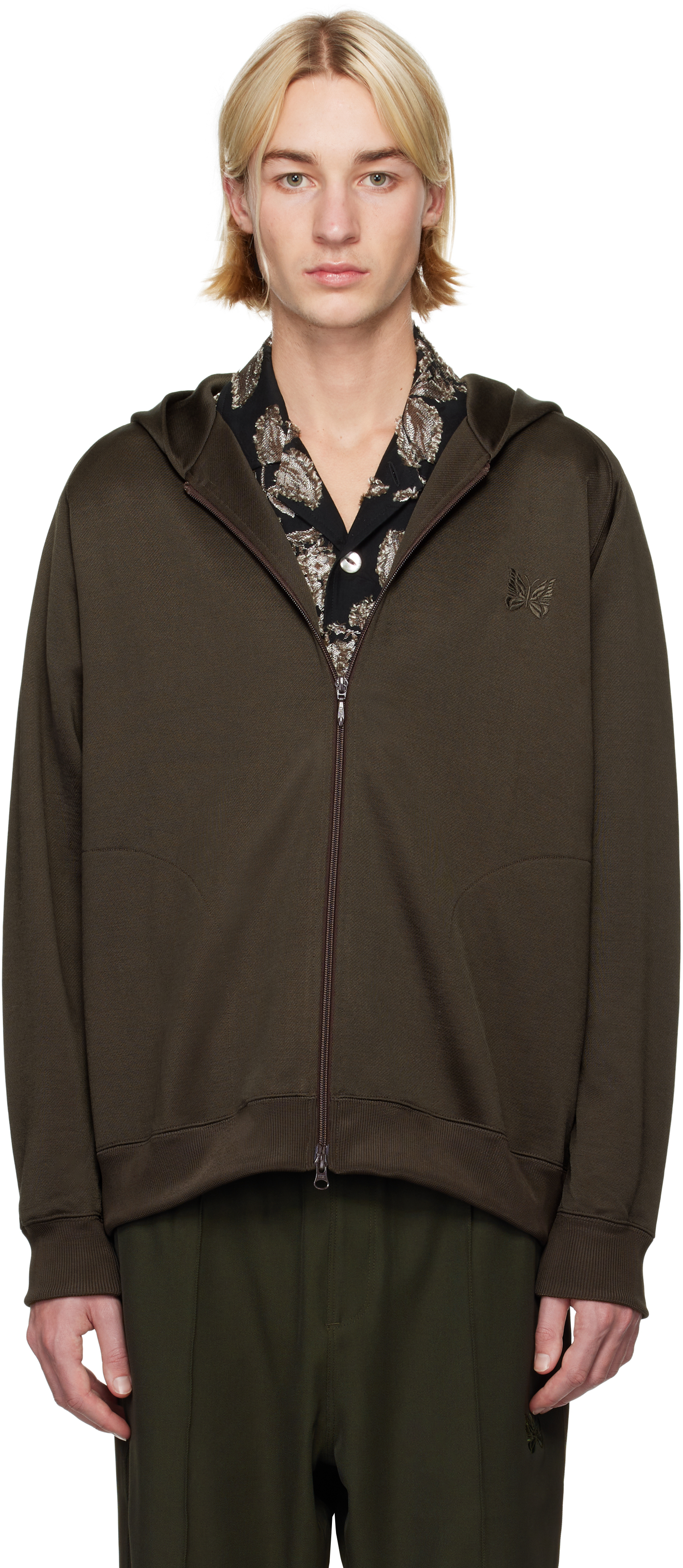 Shop Needles Brown Zipped Hoodie In B-dk.brown