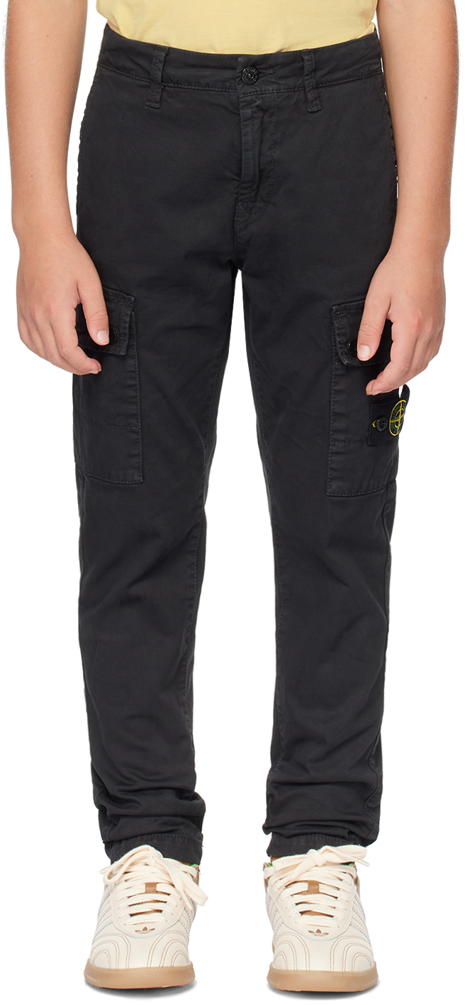 STONE ISLAND JUNIOR KIDS BLACK LOGO PATCH CARGO PANTS 