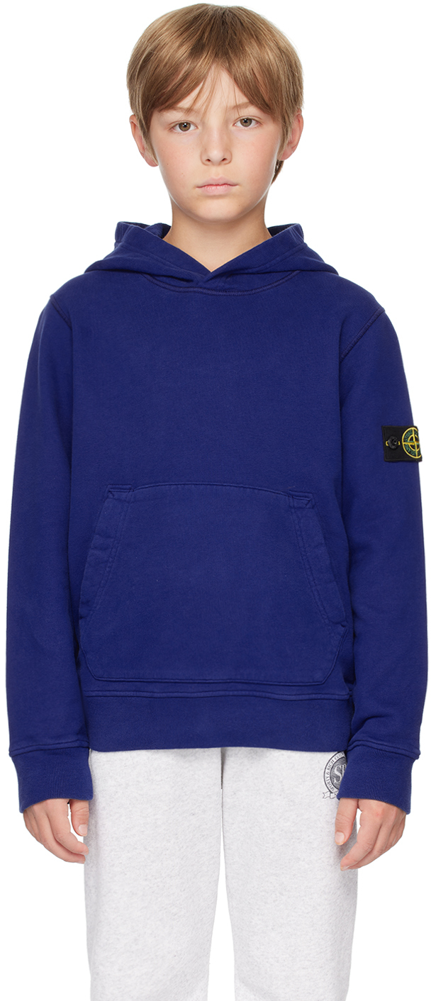 Shop Stone Island Junior Kids Blue Logo Patch Hoodie In V0022 Bright Blue