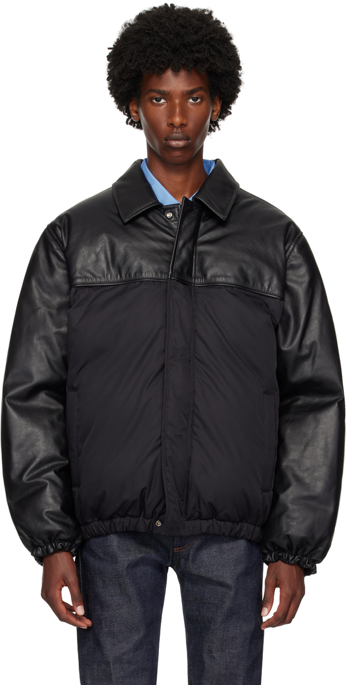 Shop Calvin Klein Black Paneled Leather Down Bomber Jacket In Vulcan