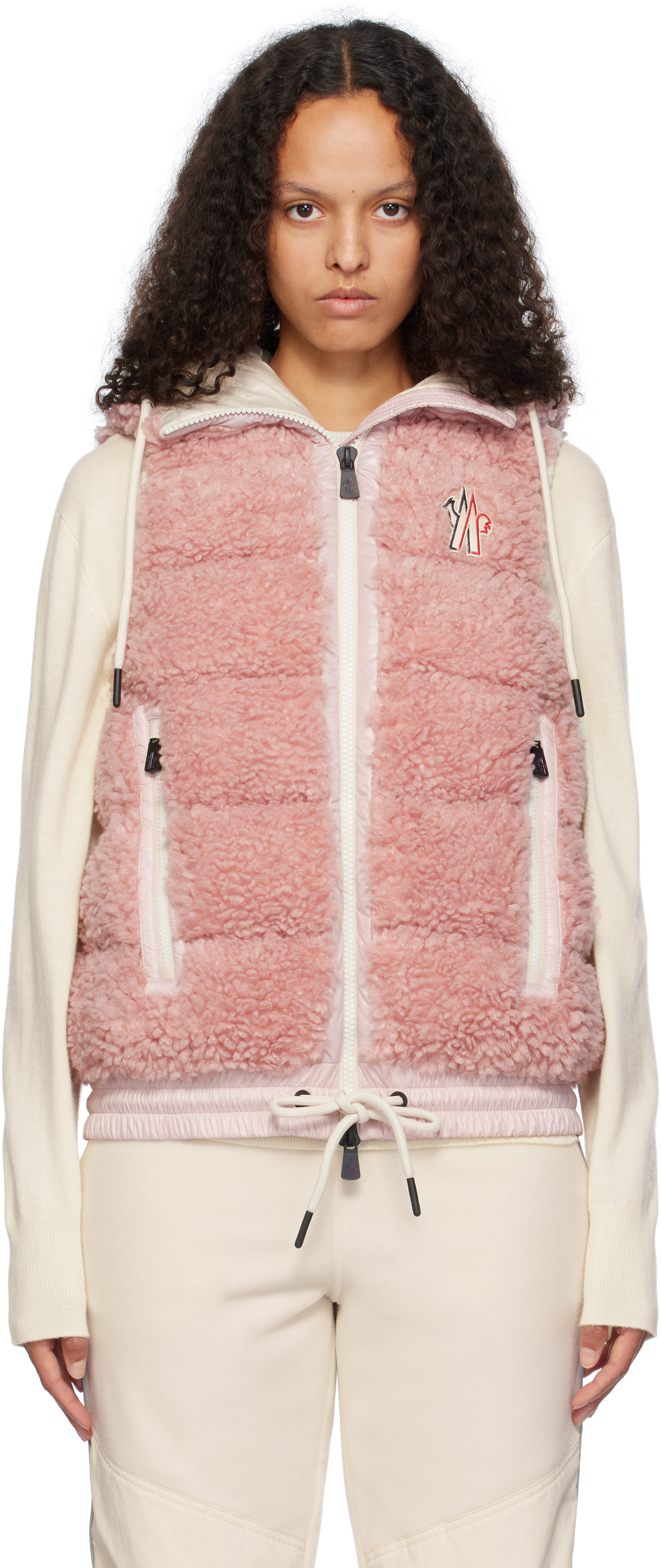 MONCLER PINK PADDED TEDDY ZIP-UP DOWN VEST 