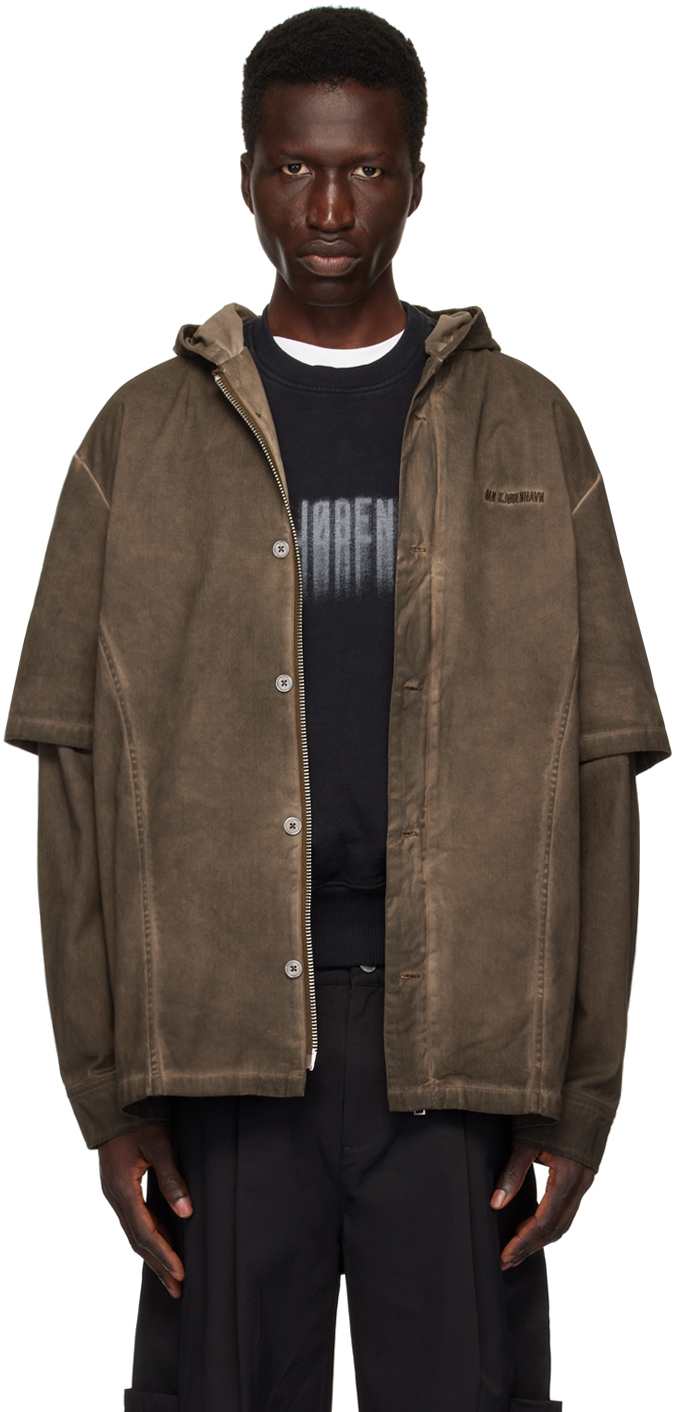 Brown Washed Layered Denim Hoodie