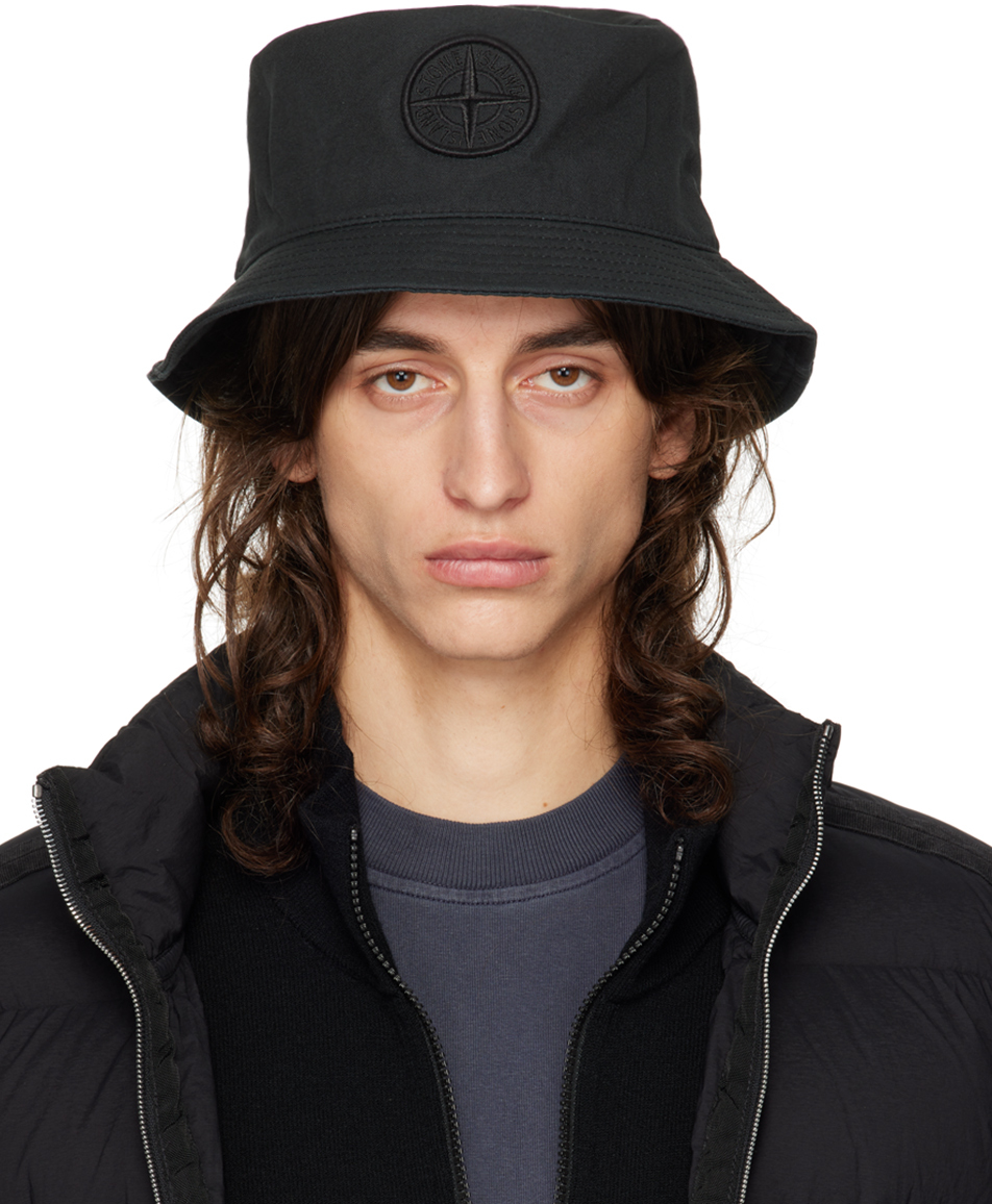 Shop Stone Island Black Embroidered Bucket Hat In V0029 Black