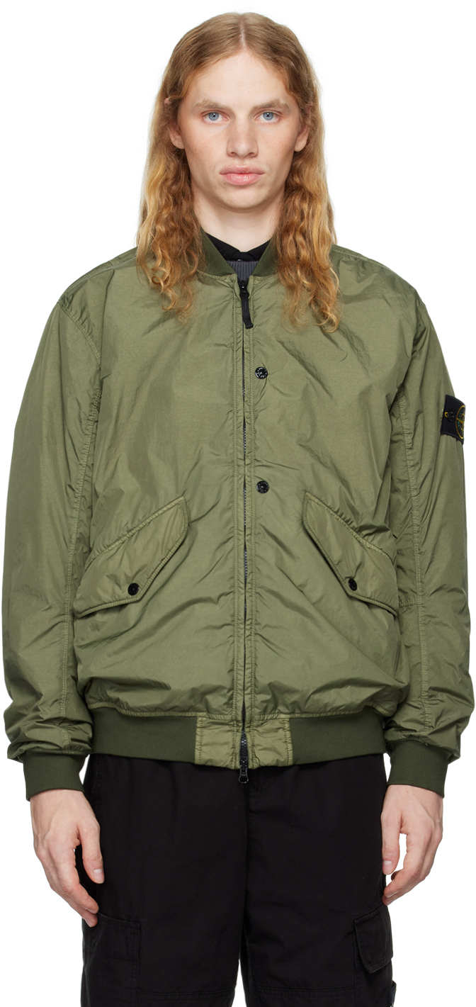 Stone Island: Khaki Crinkle Bomber Jacket | SSENSE