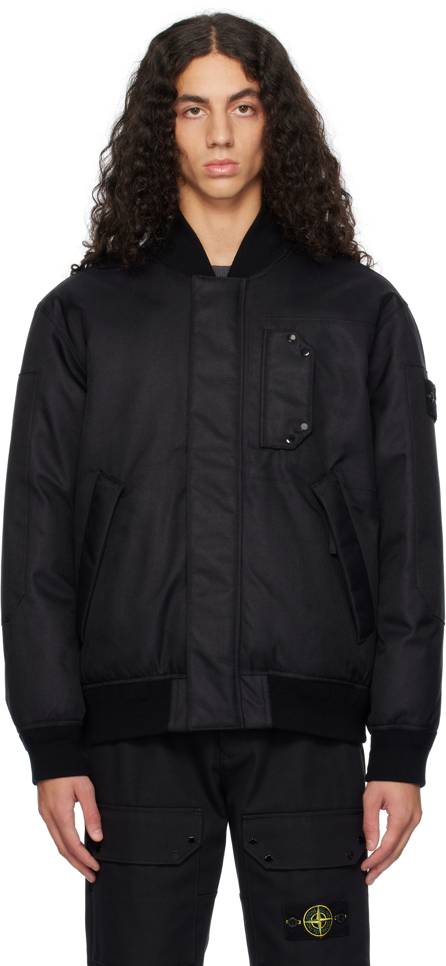 Black 46536 Diagonal Nylon Down Bomber Jacket