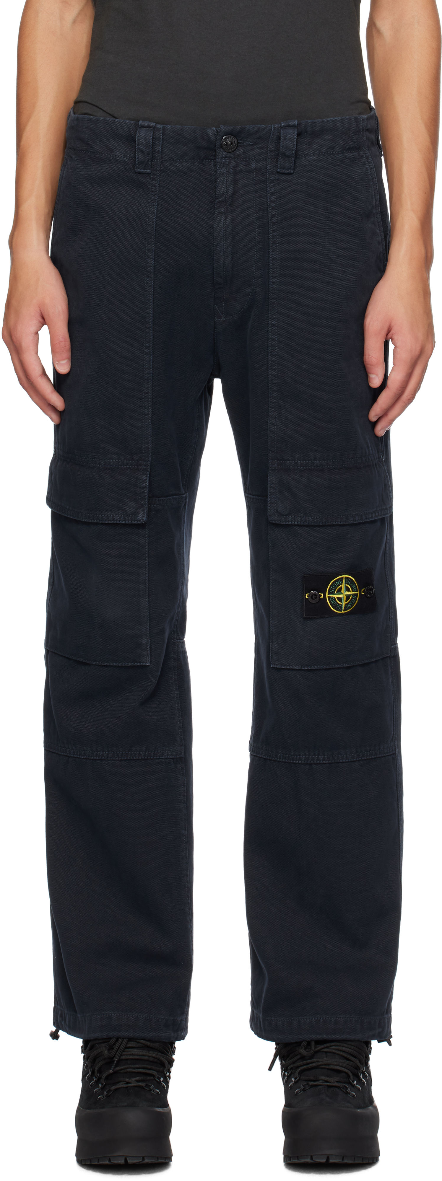 Shop Stone Island Navy 30601 Panama Cotton 'old' Effect Cargo Pants In V0120 Navy Blue