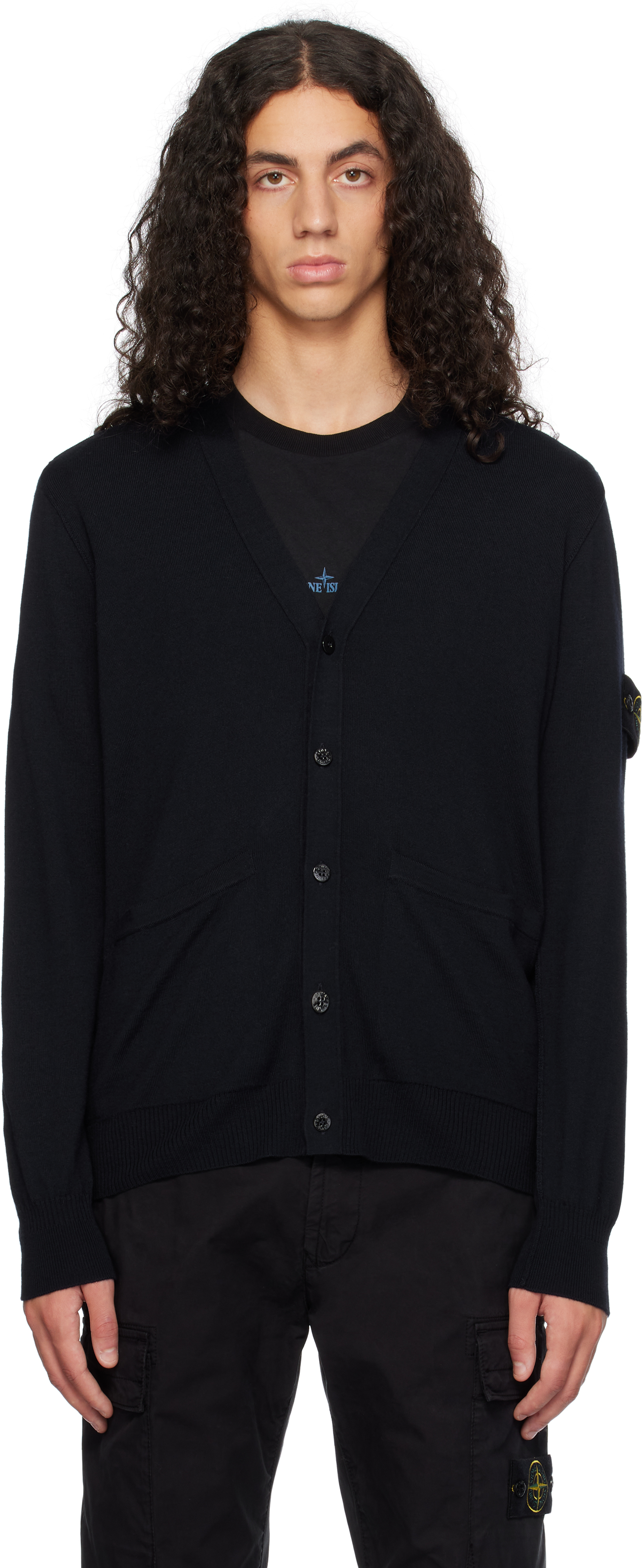 Shop Stone Island Navy Logo Patch Cardigan In V0020 Navy Blue