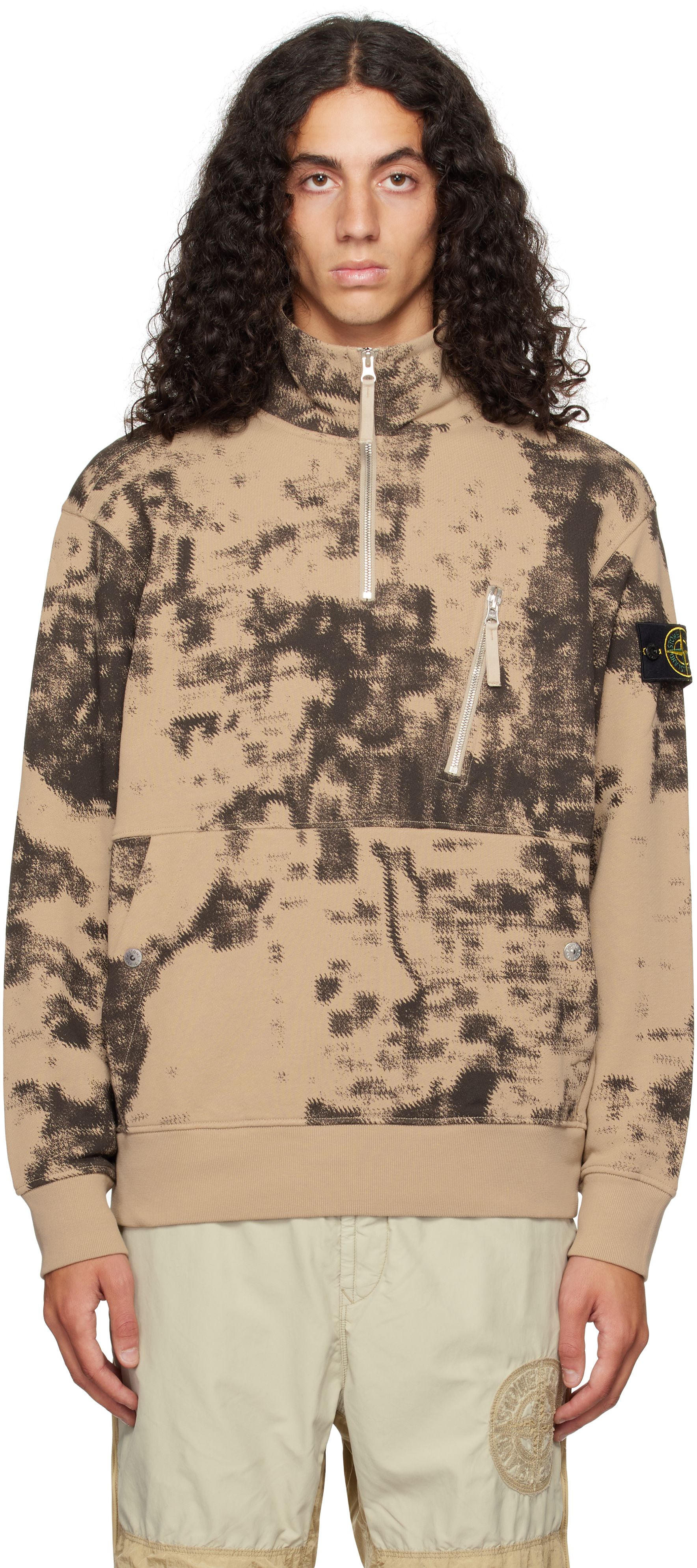 Shop Stone Island Beige Camouflage Diagonal Fleece Sweatshirt In V0092 Dove Grey