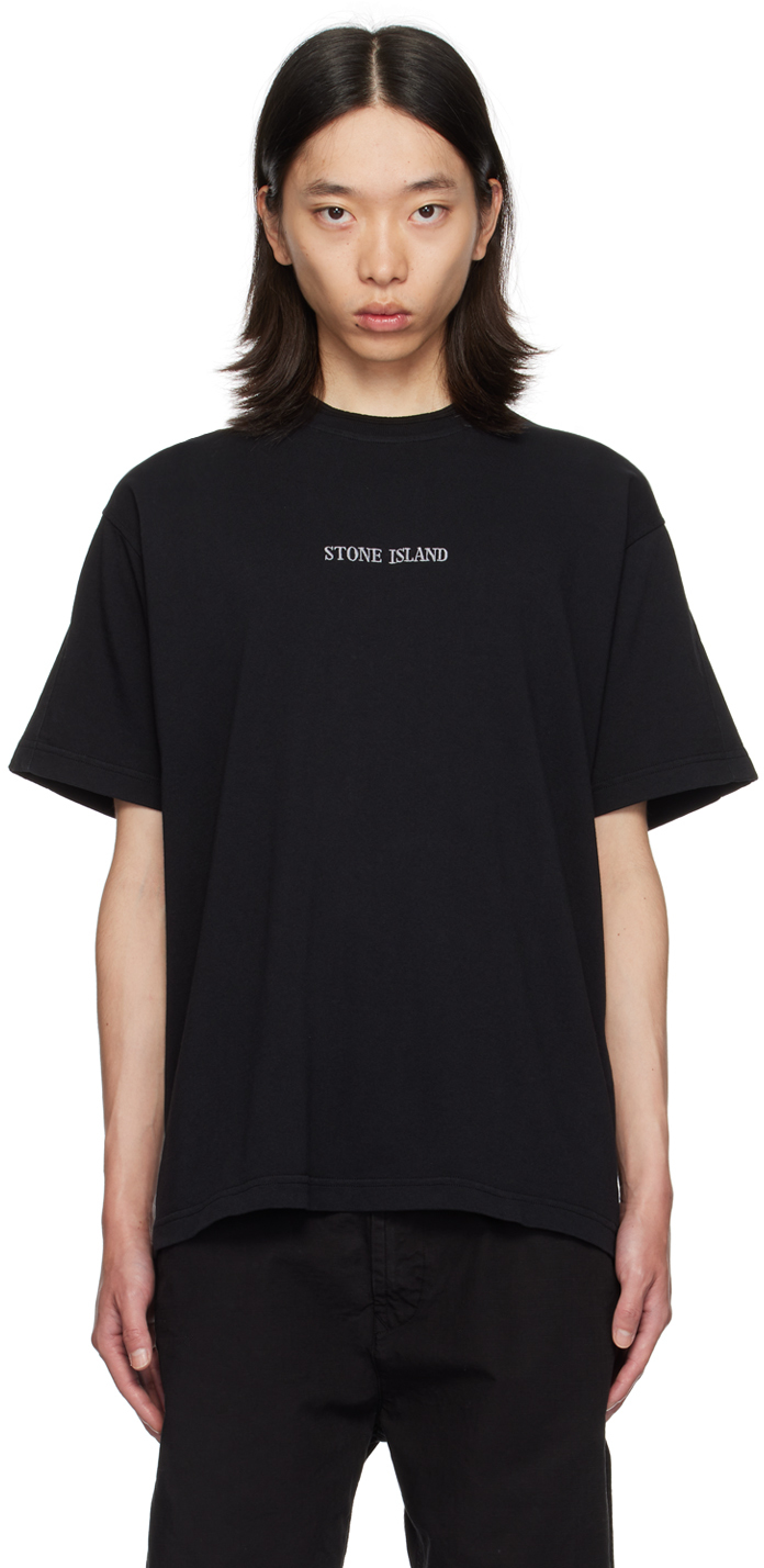 Shop Stone Island Black Embroidered-logo T-shirt In V0029 Black