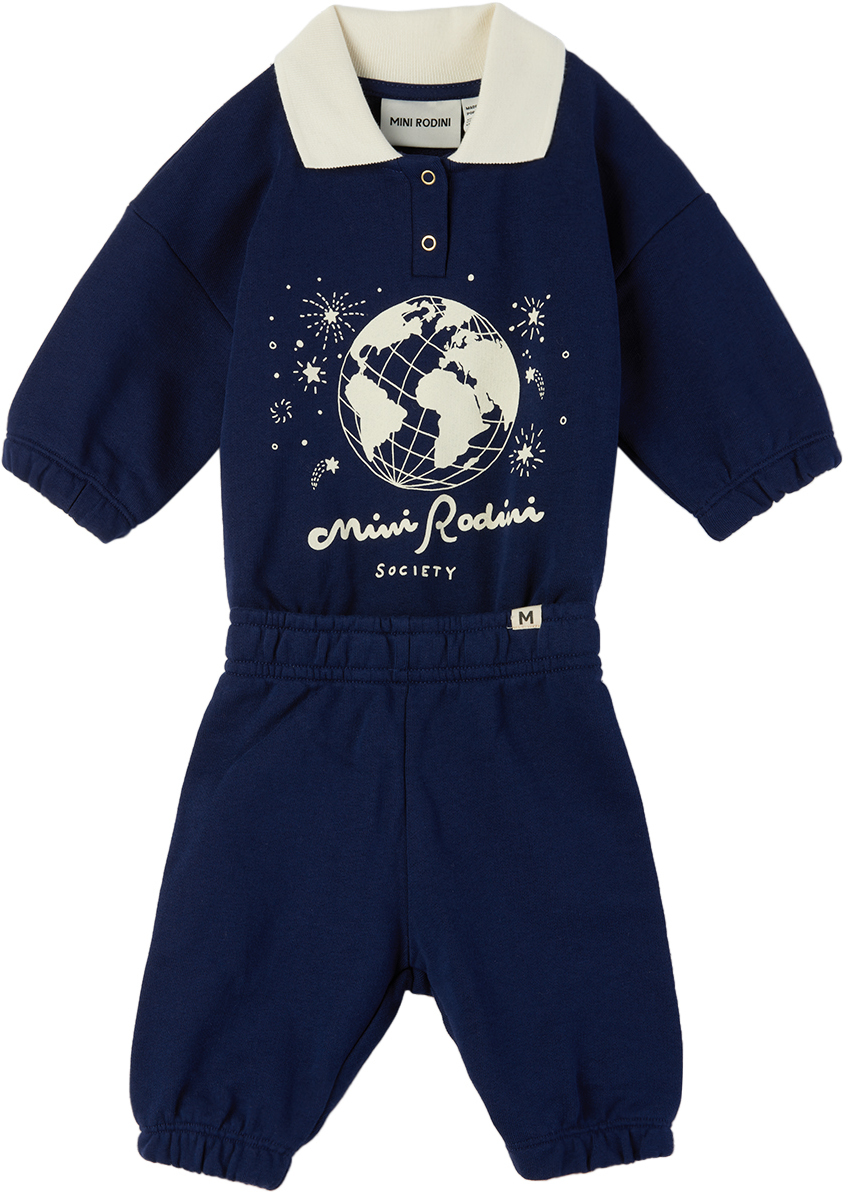 Shop Mini Rodini Baby Navy Society Bodysuit & Sweatpants Set In 60 Blue