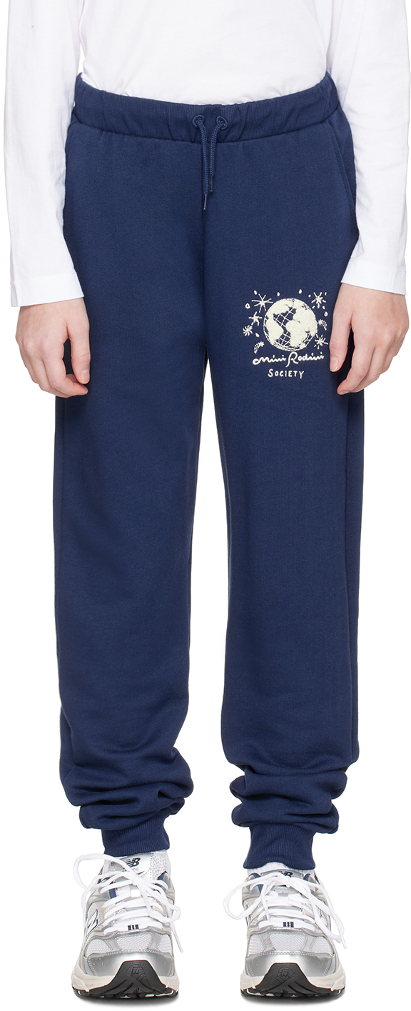 Mini Rodini Kids Blue ' Society' Embroidered Sweatpants In 60 Blue