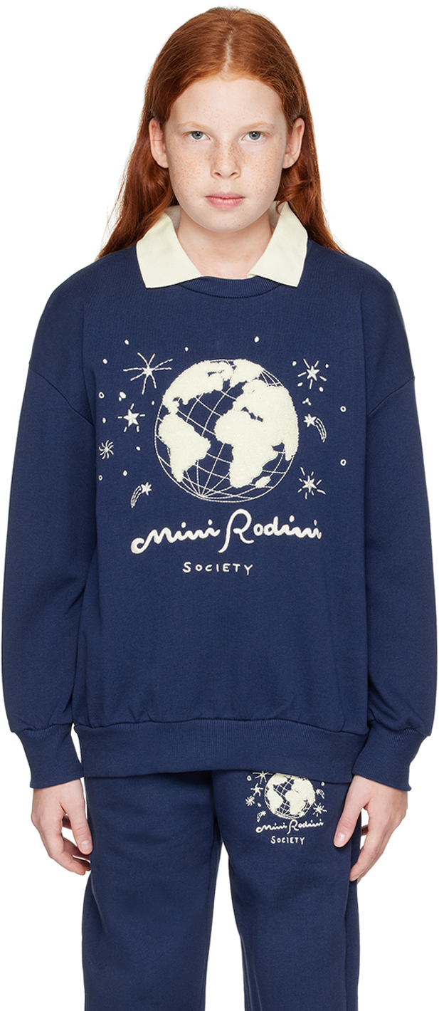 Mini Rodini Kids Blue ' Society' Embroidered Sweatshirt In 60 Blue