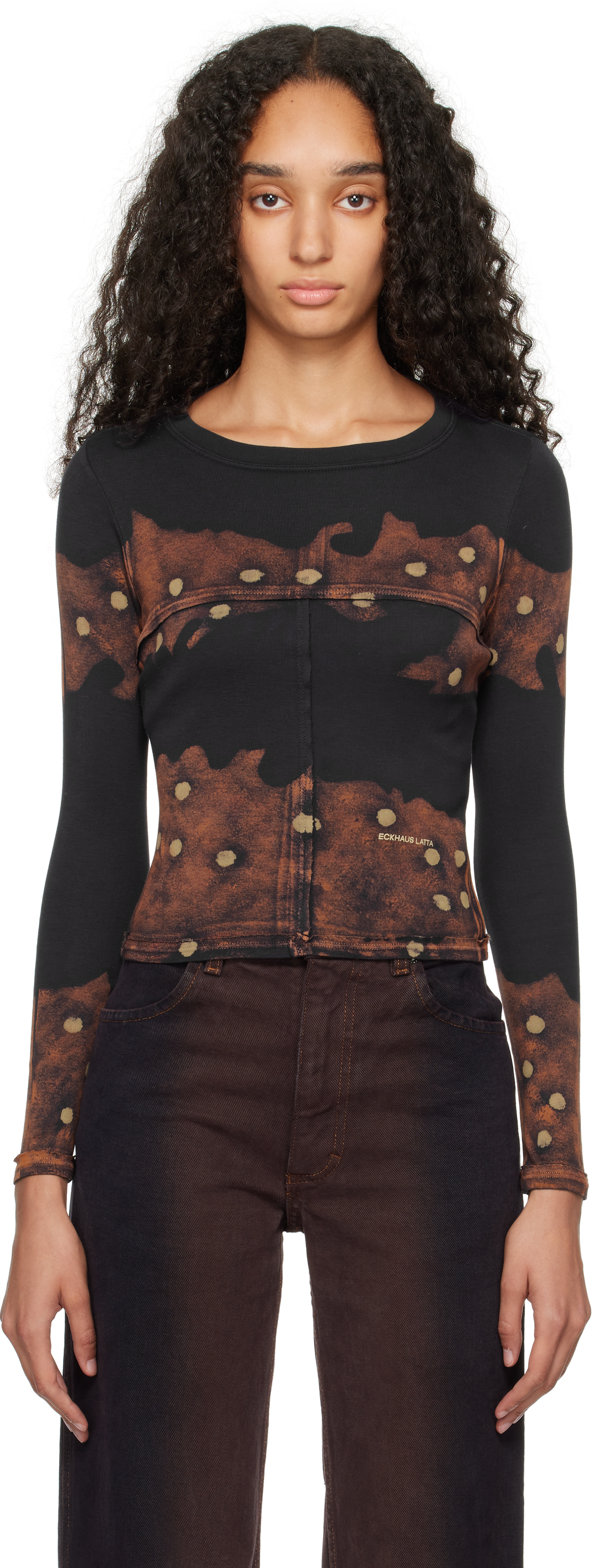 ECKHAUS LATTA BLACK & BROWN LAPPED BABY CREWNECK T-SHIRT 