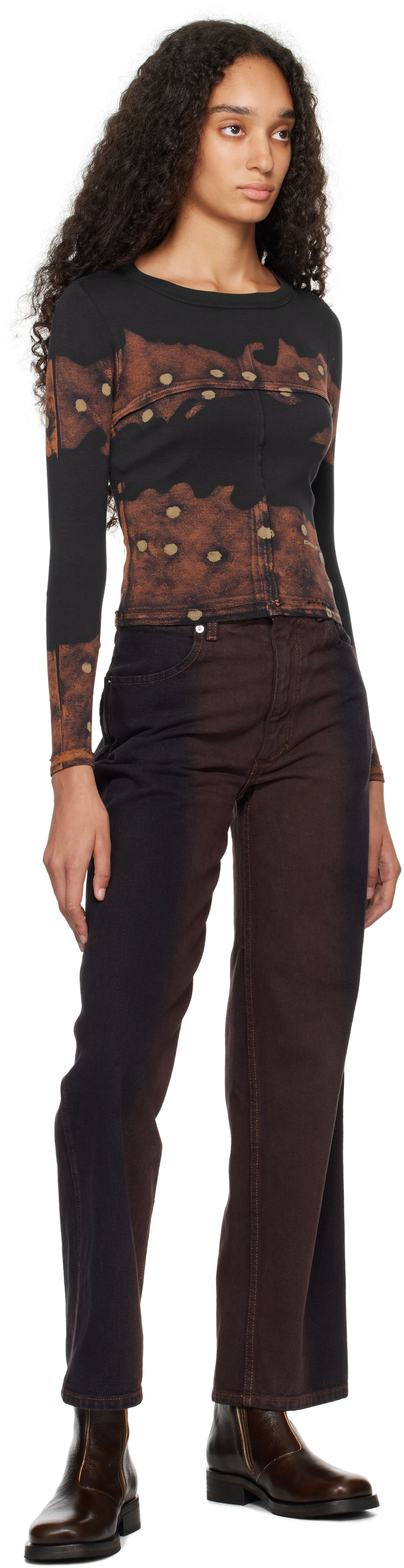 ECKHAUS LATTA BLACK & BROWN LAPPED BABY CREWNECK T-SHIRT 