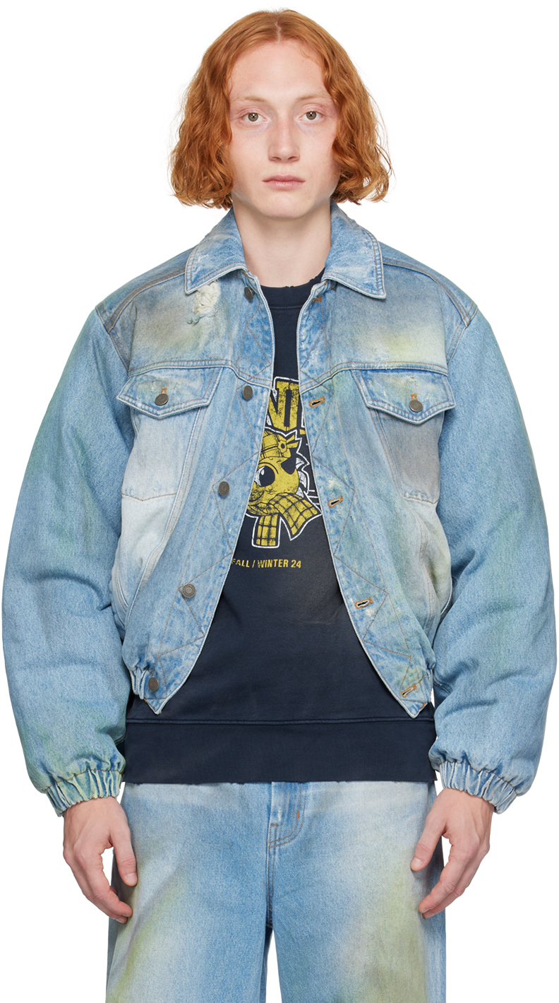 Shop Egonlab Blue Padded Denim Bomber Jacket In Denim Blue