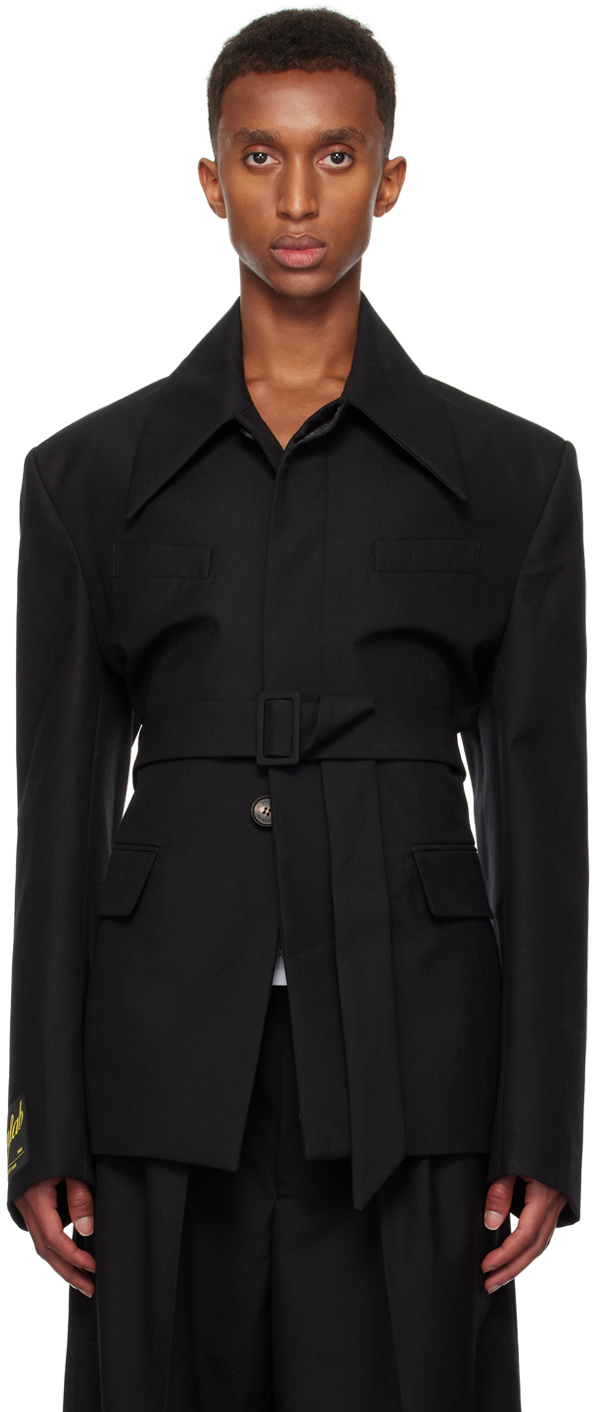 Shop Egonlab Black Phoebe Shirt Collar Blazer In Black Wool Barberis