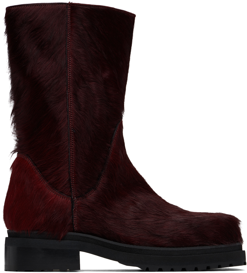 Shop Eckhaus Latta Burgundy Stacked Boots In Red Fur