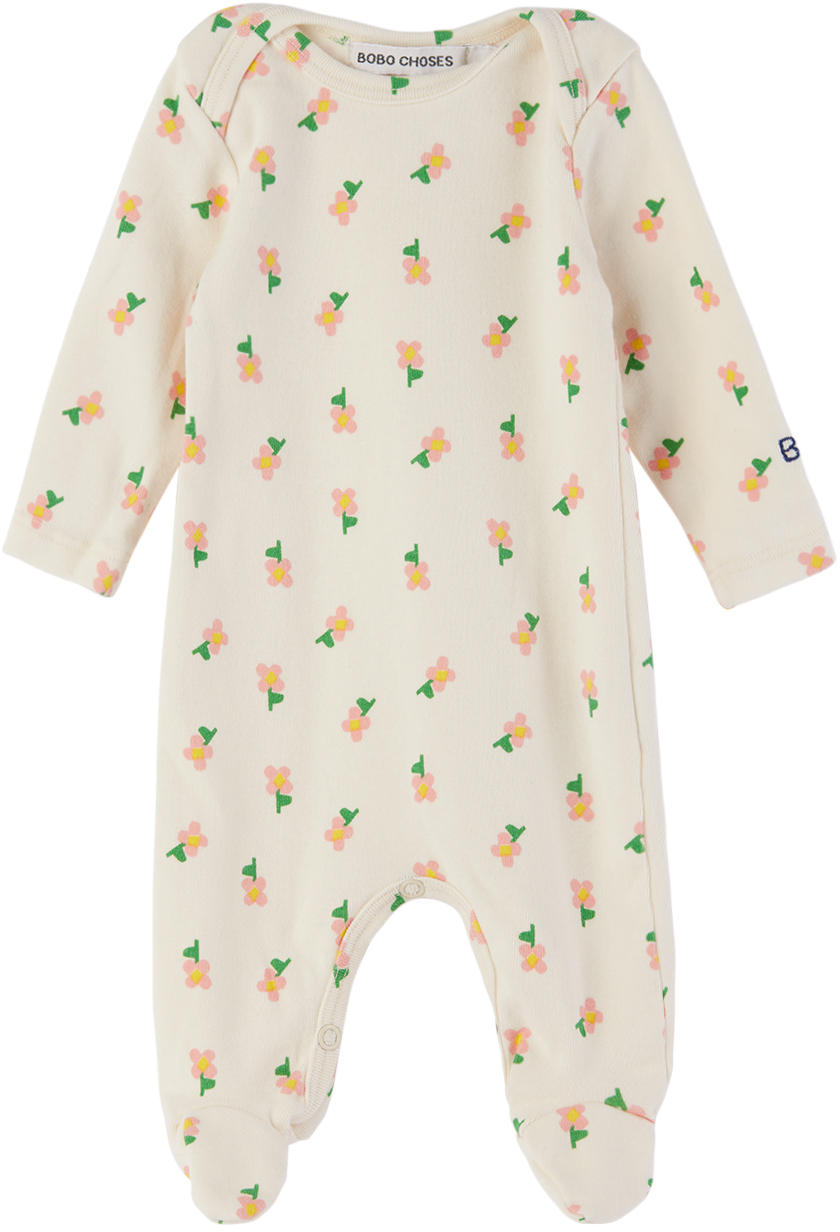 Shop Bobo Choses Baby Off-white Pansy Flower Bodysuit In Lavender