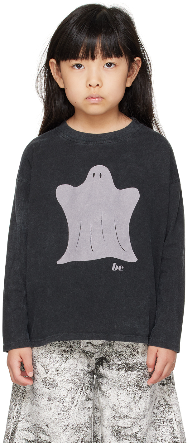 Bobo Choses Grey T-shirt For Kids With Ghost Print In Black