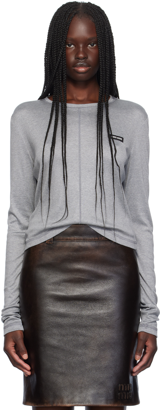 Miu Miu: Gray Logo Patch Long Sleeve T-Shirt | SSENSE Canada
