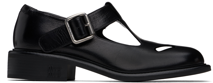 Miu Miu: Black Leather T-Bar Oxfords | SSENSE Canada