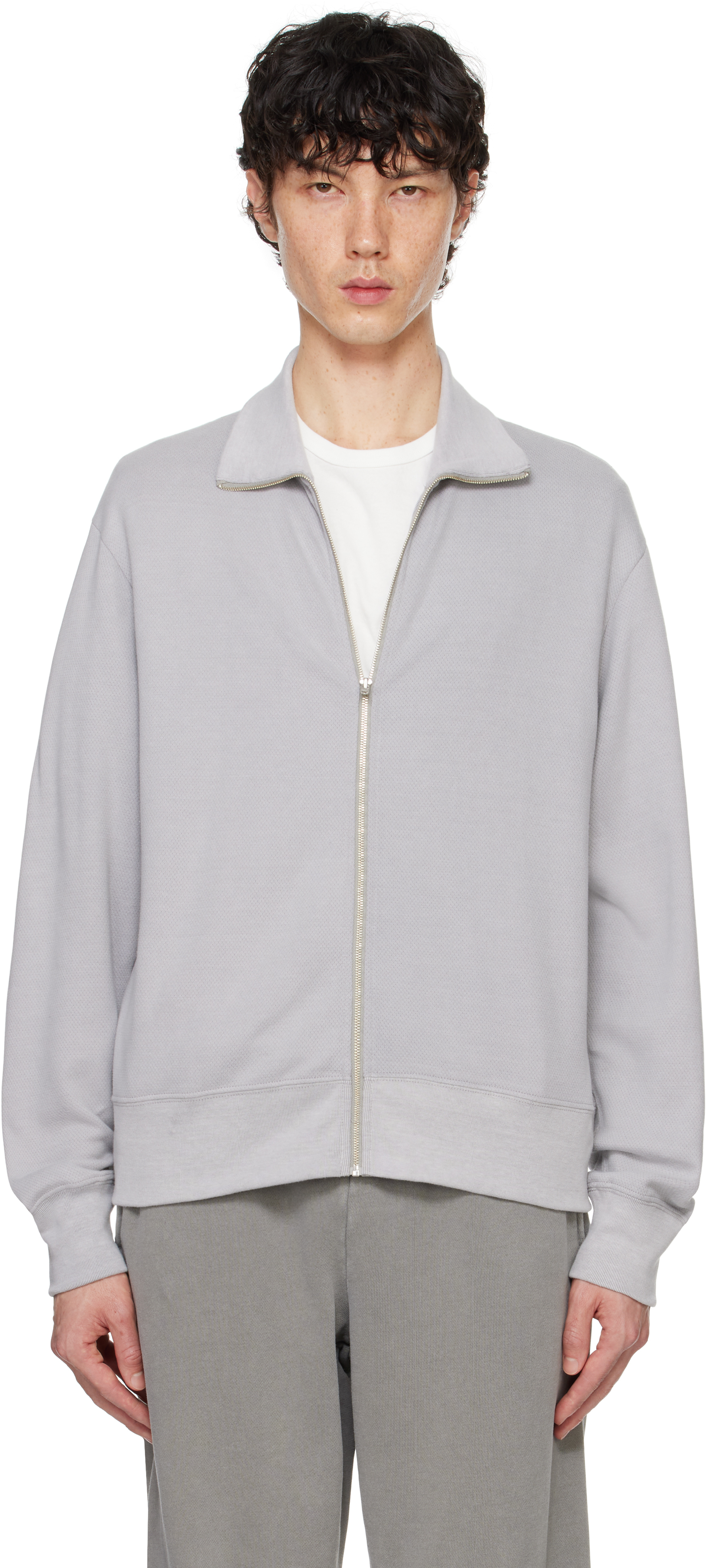 Shop Lady White Co. Gray Mesh Full Zip Sweater In Pigment Chalk