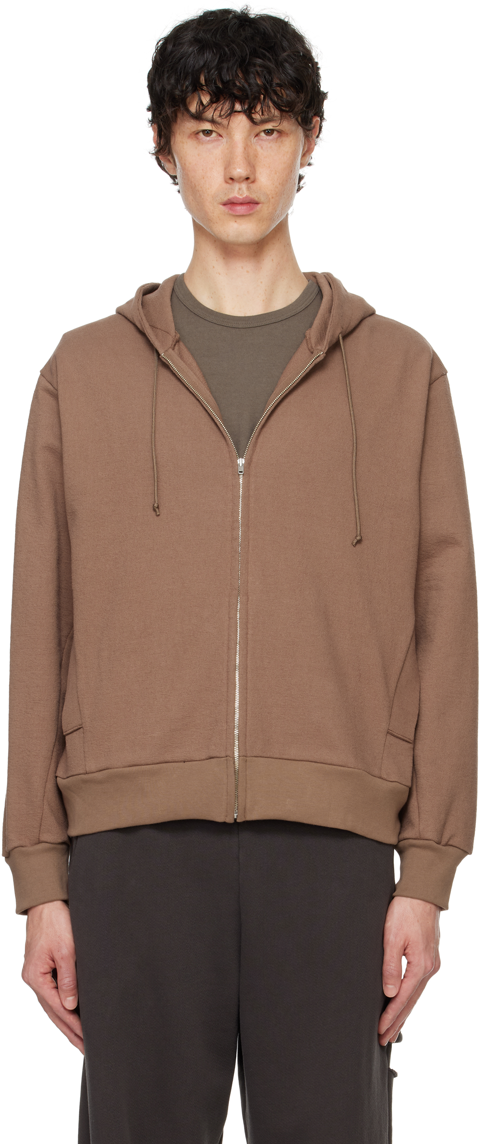 Brown Textured Zip Hoodie