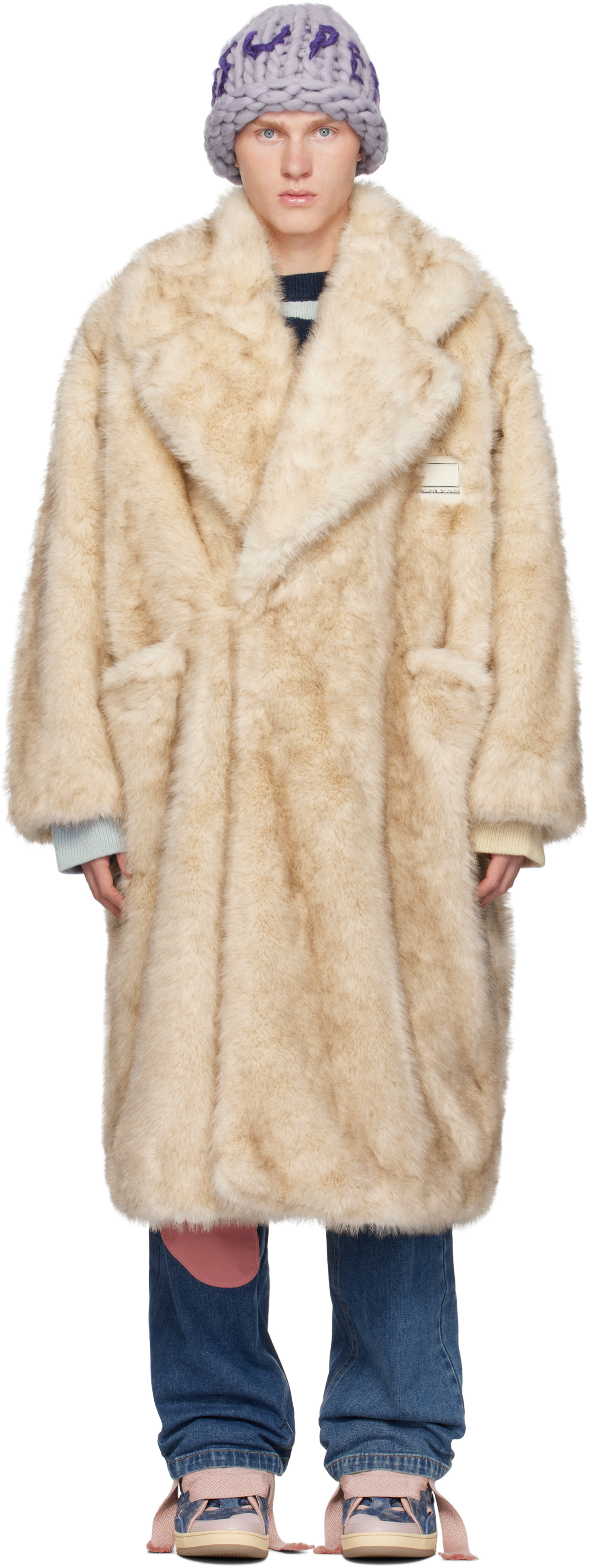 Shop Kidsuper Beige Faux Fur Oversized Long Coat In Light Tan