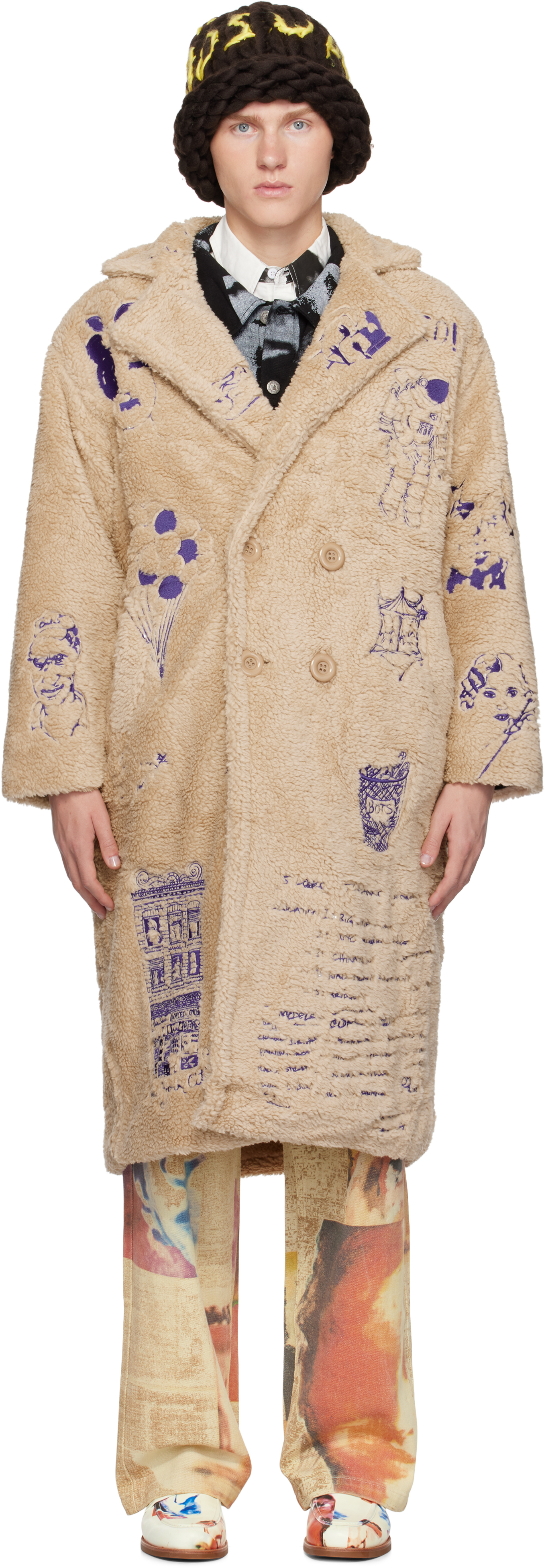 Beige Embroidered Sherpa Fleece Coat