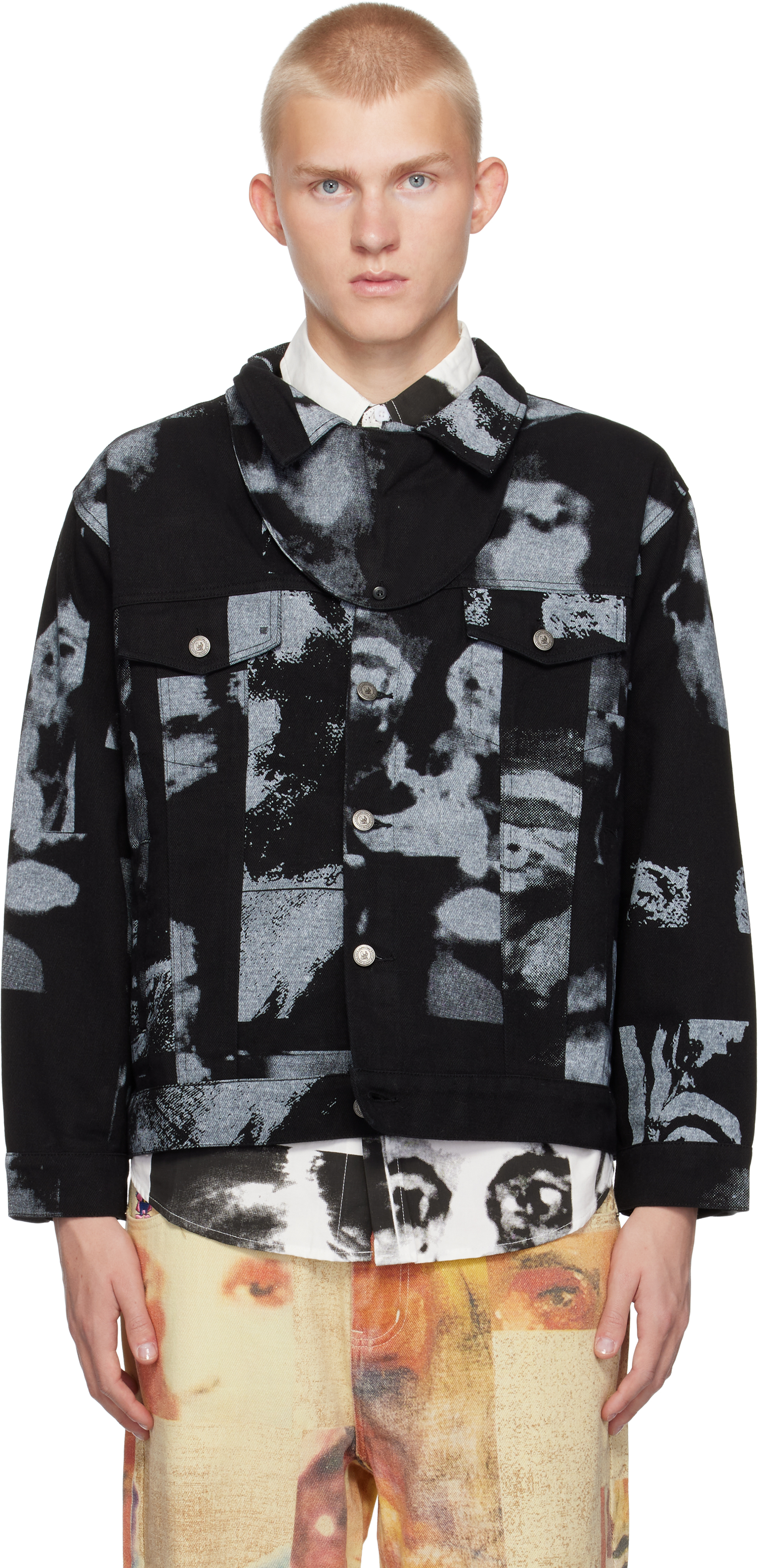 KIDSUPER BLACK COLLAGE FACES DENIM JACKET 