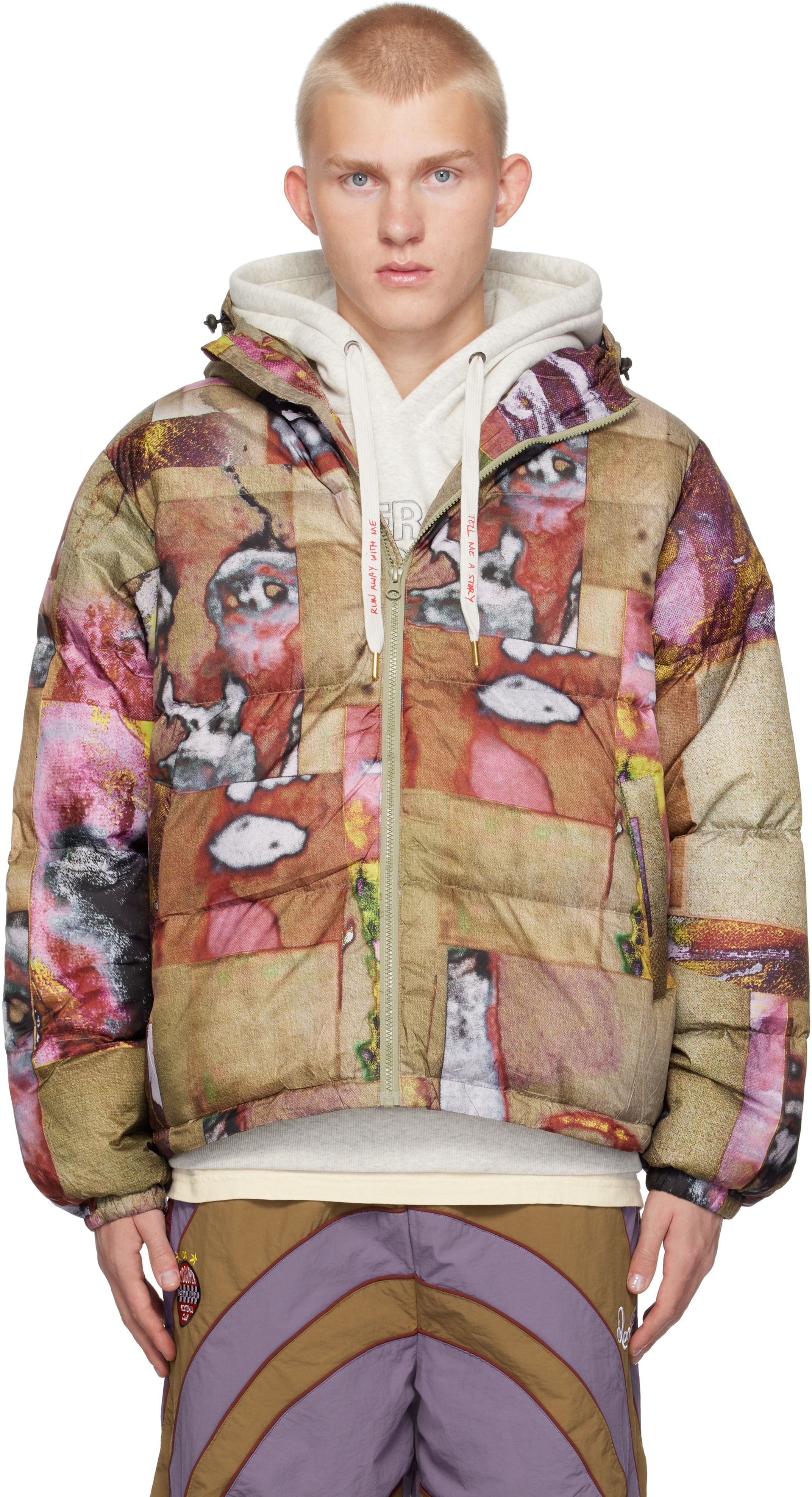 Multicolor Faces Collage Printed Down Jacket