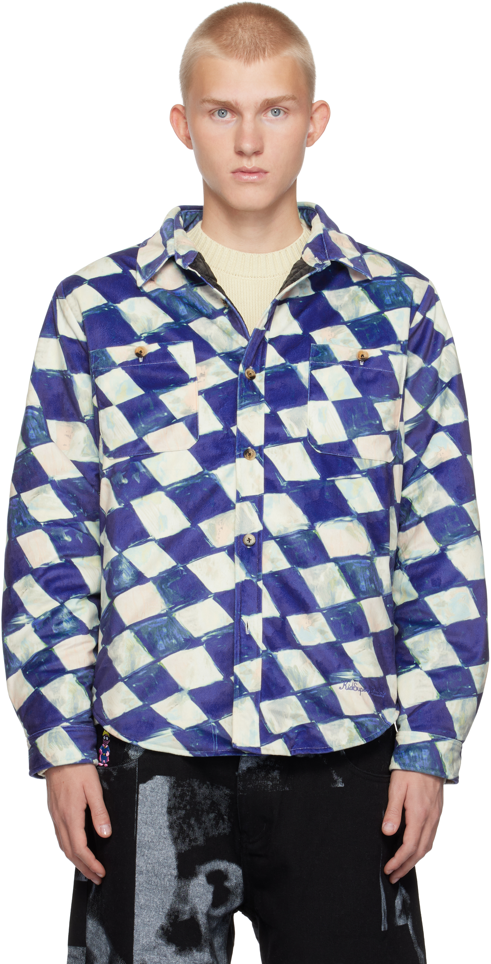 Shop Kidsuper Blue Moleskin Checkered Overshirt