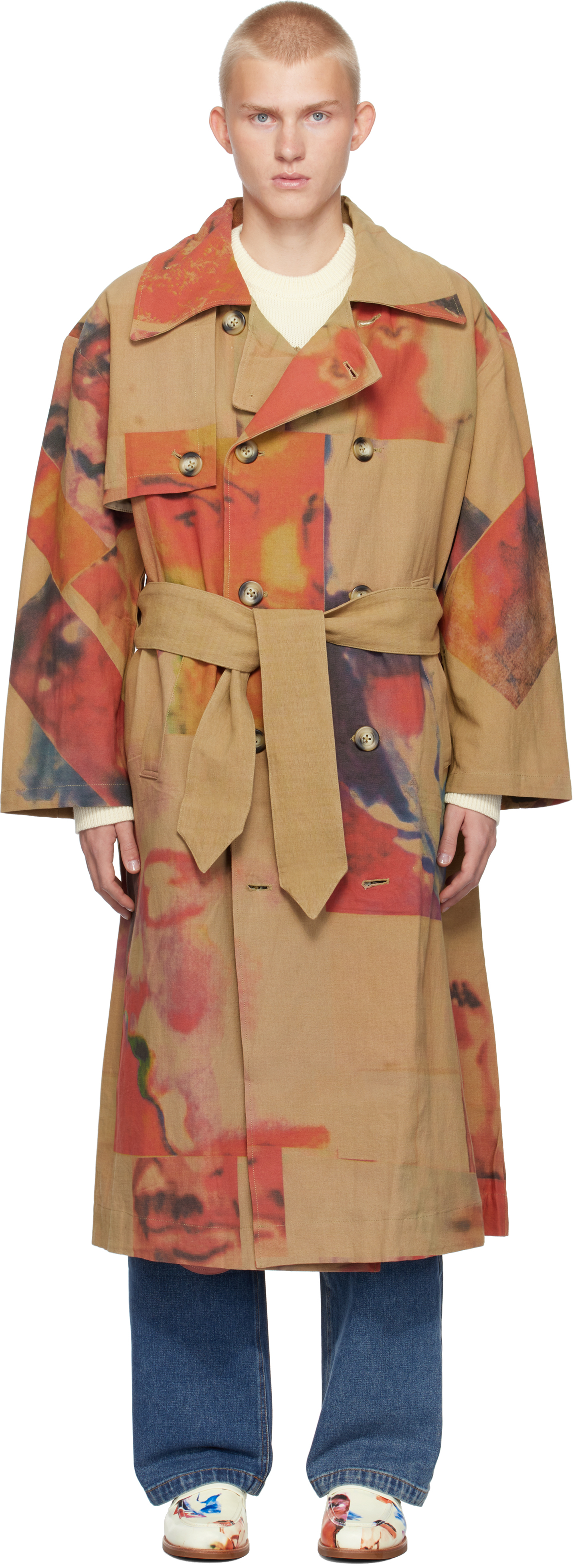 Brown Faces Collage Trench Coat