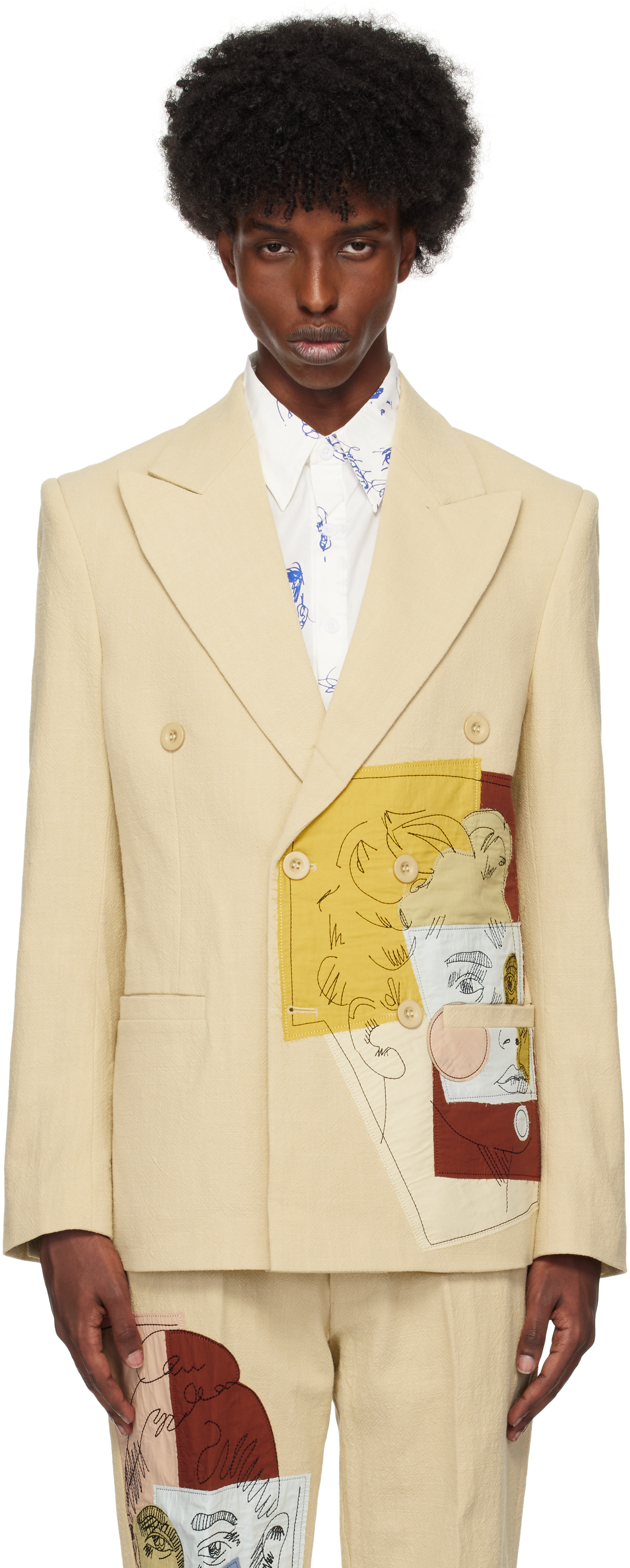 Shop Kidsuper Beige Doodle Portrait Suit Blazer In Cream