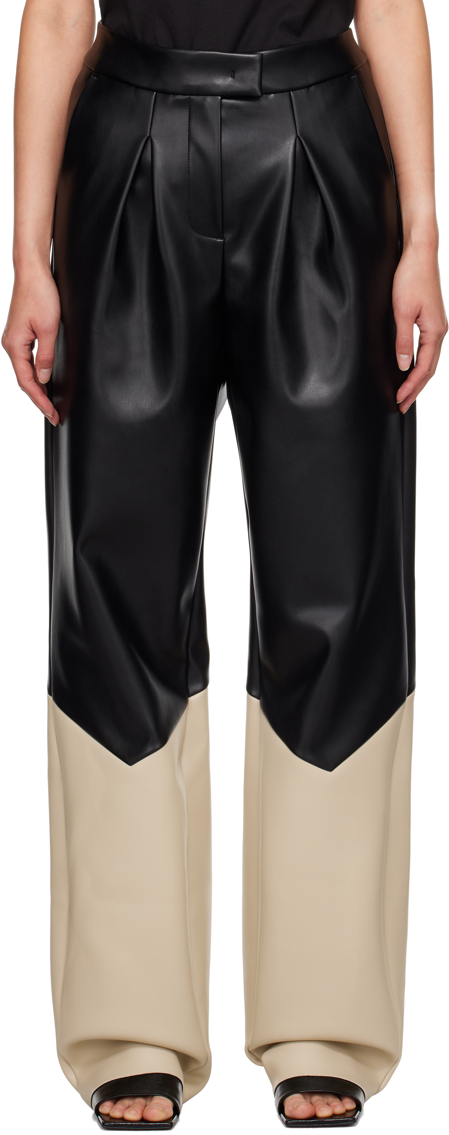 Black Bicolor Faux-Leather Trousers