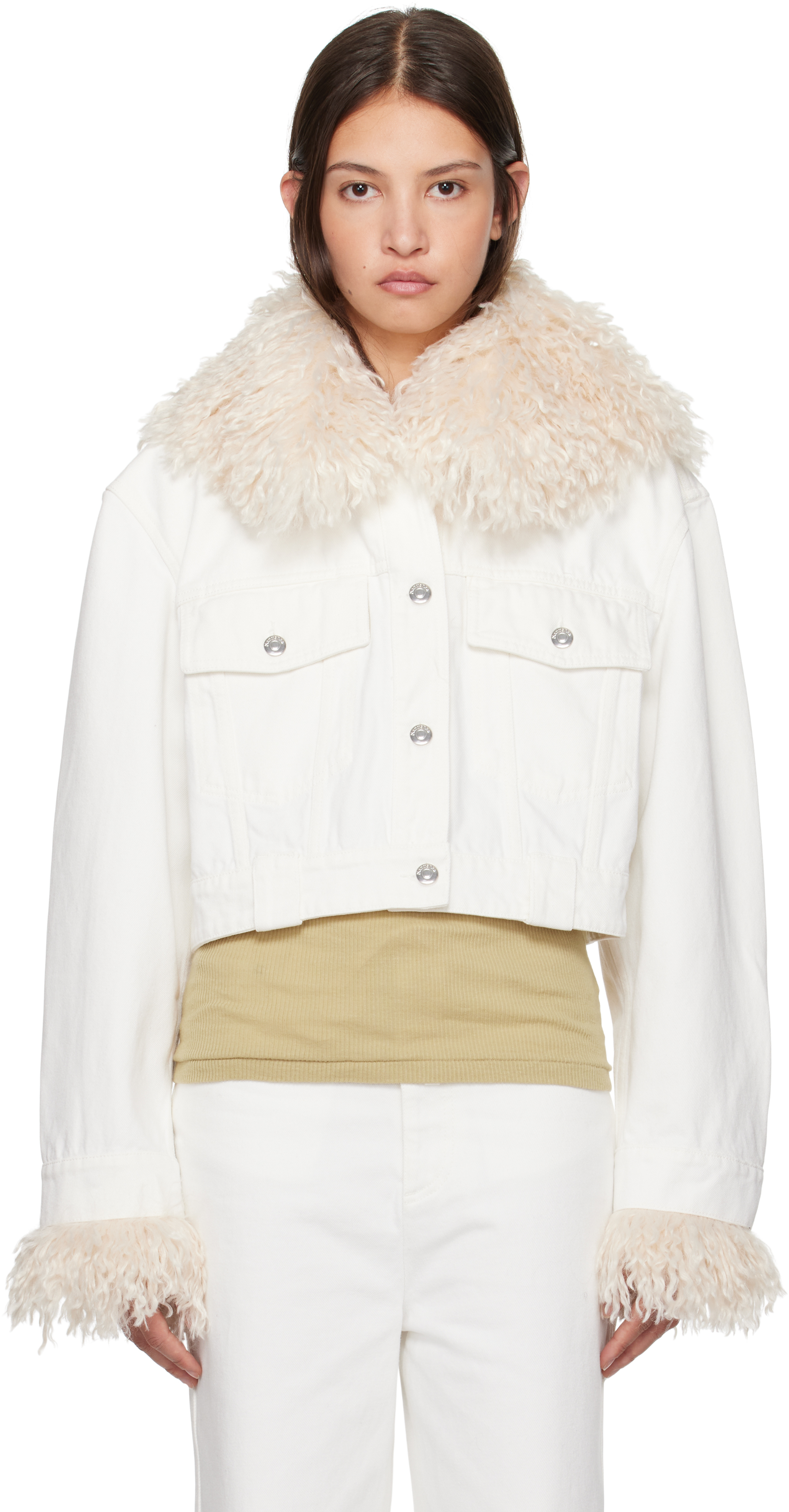 White Sutton Cropped Denim Jacket by Nanushka on Sale