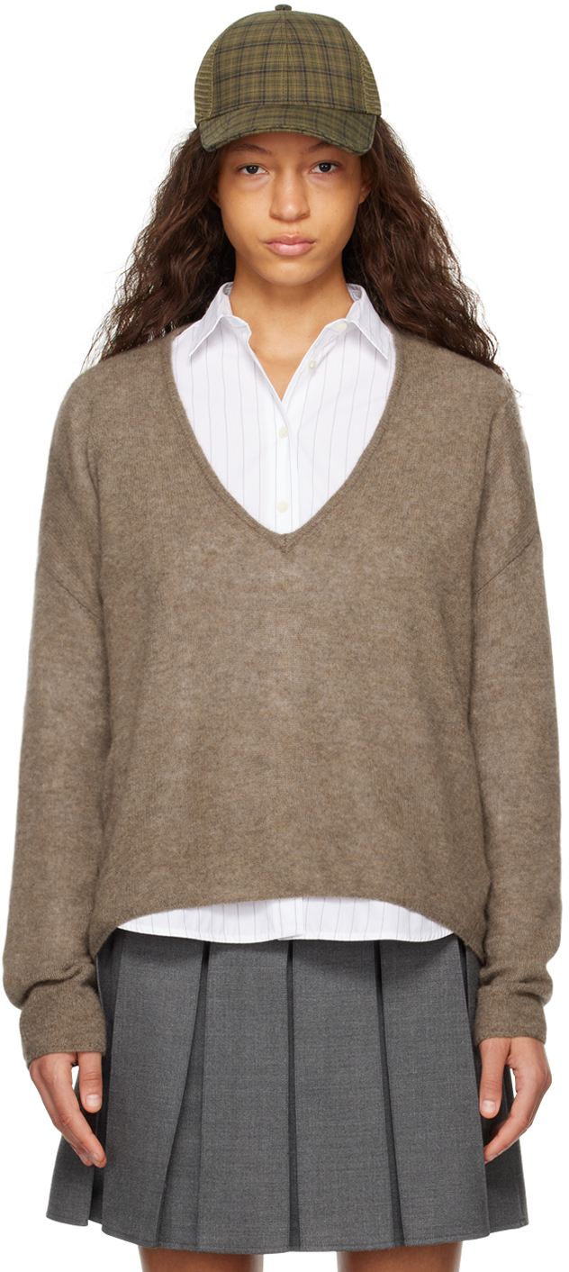 Fax Copy Express Brown Plunging V-neck Jumper In Khaki