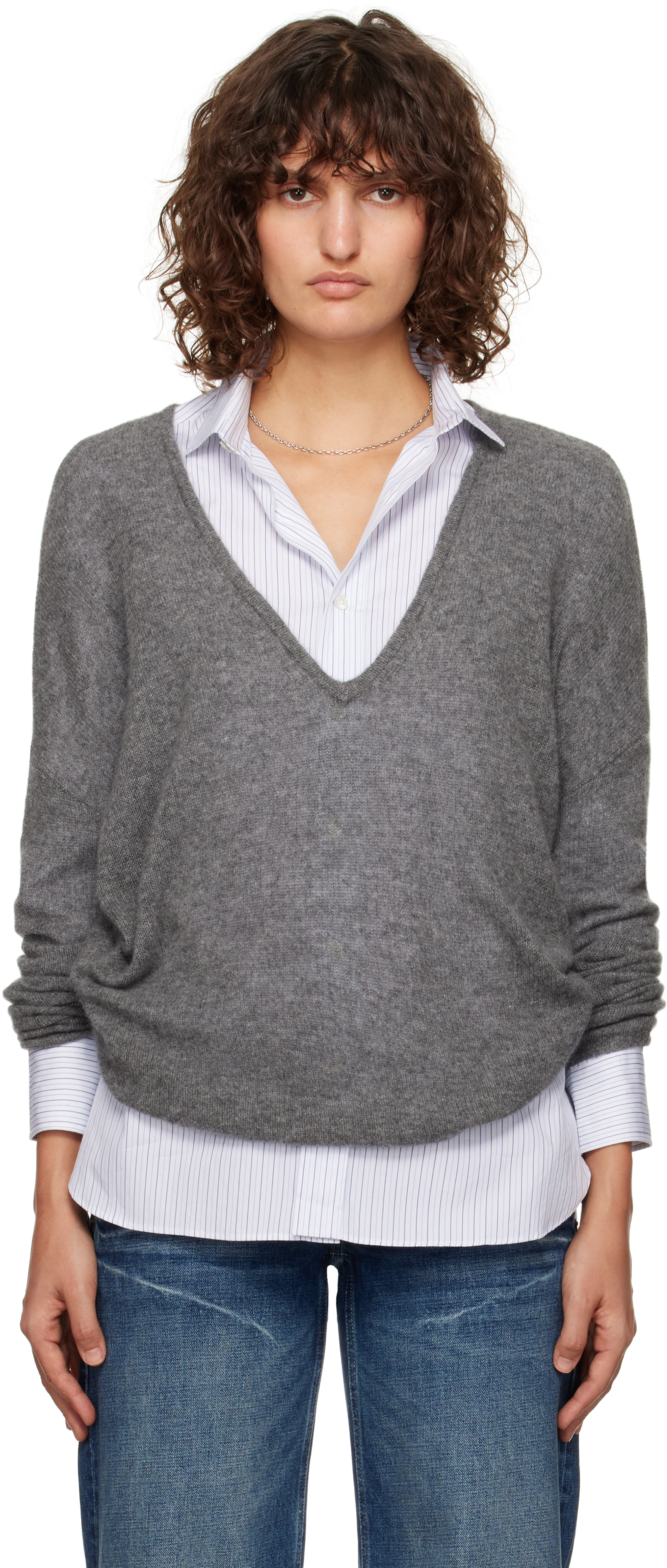 Gray Oversized V-Neck Sweater