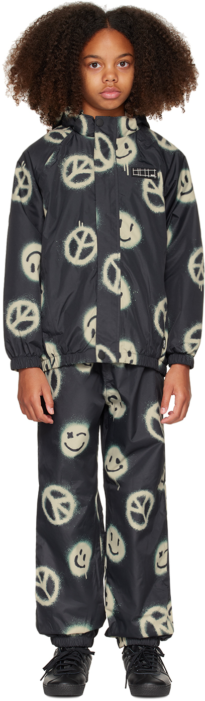 Molo Kids Black Whalley Rain Jacket & Trousers Set In 6796 Happy Peace