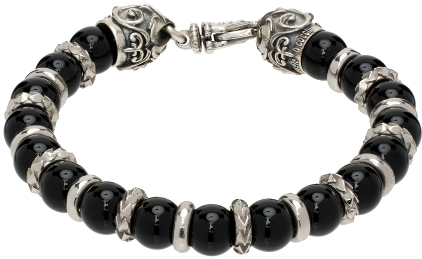 Shop Emanuele Bicocchi Silver & Black Arabesque Beaded Bracelet