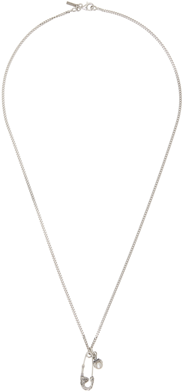 Silver Pin & Pearl Pendant Necklace