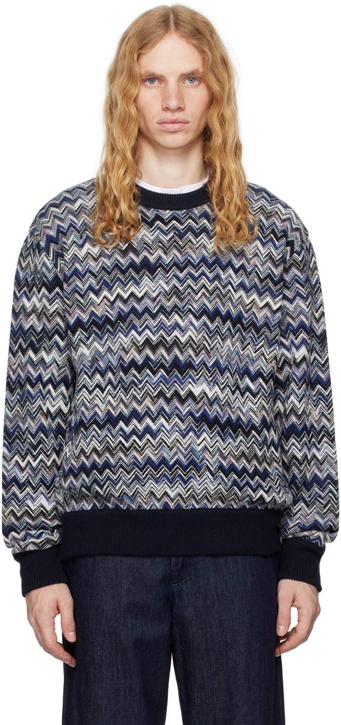 Blue Zigzag Wool Crewneck Sweater