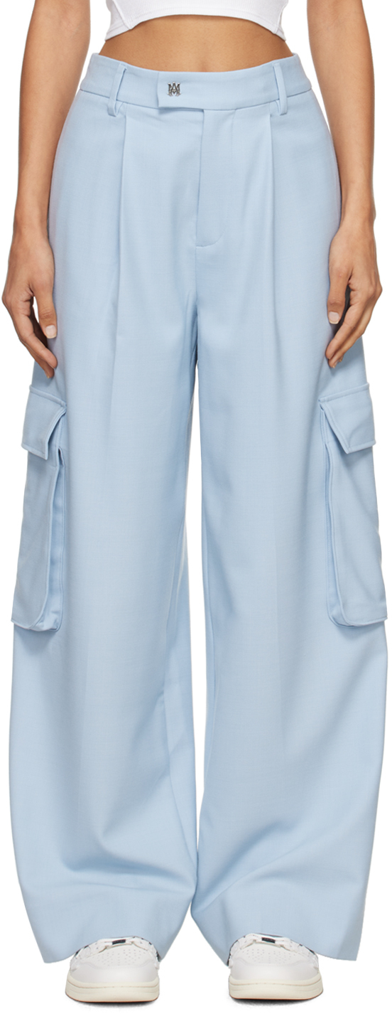 Shop Amiri Blue Wide Leg Pleated Trousers In Cerulean