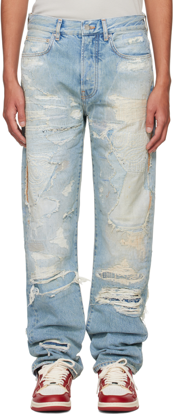 Shop Amiri Blue Repaired Straight Jeans In Antique Indigo