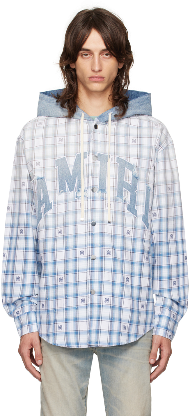 Off-White & Blue Hooded Overshirt by AMIRI on Sale