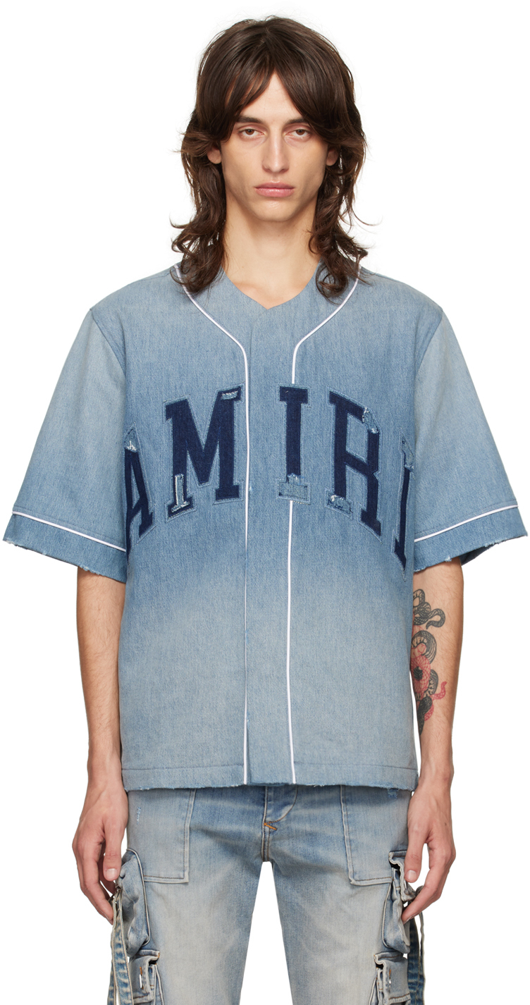 Shop Amiri Blue Sunfaded Baseball Denim Shirt In Perfect Indigo