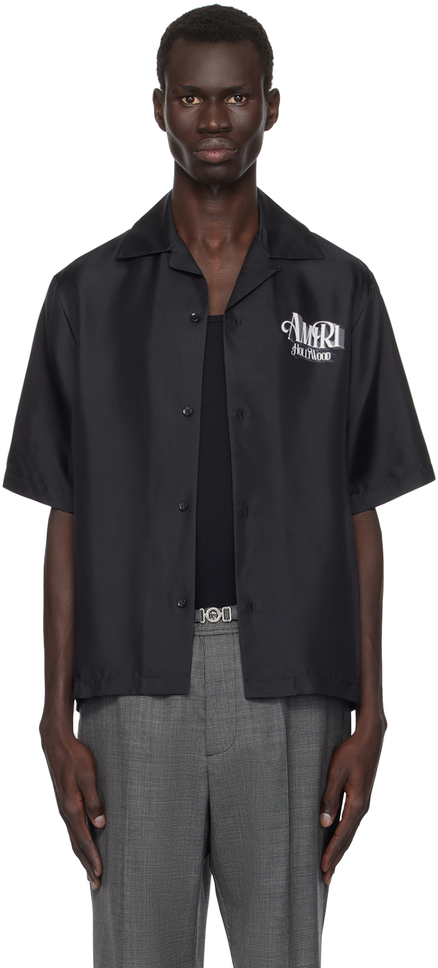 Shop Amiri Black Credits Bowling Shirt