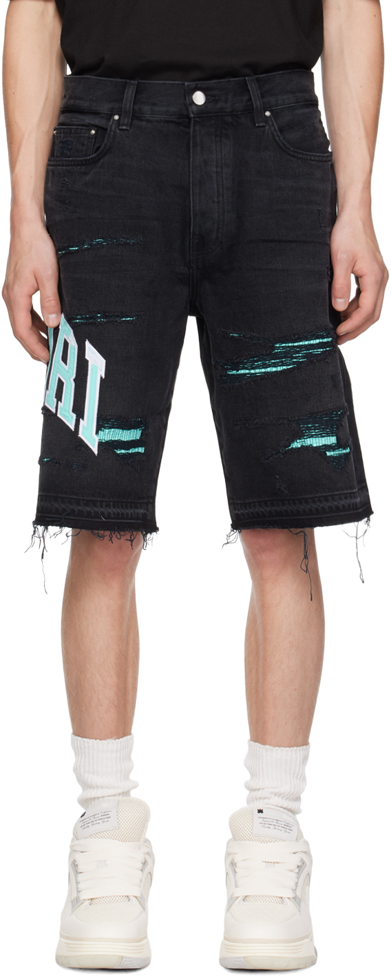 Blue Embroidered Varsity Logo Repair Denim Shorts