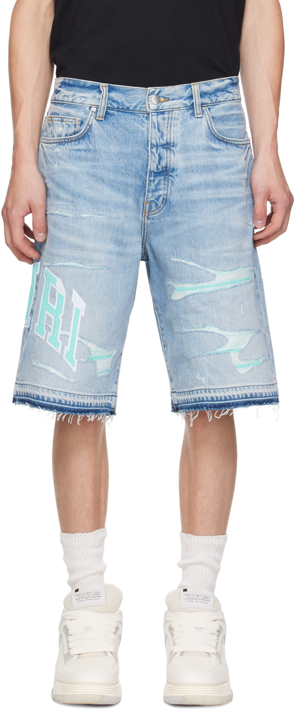 Blue Embroidered Varsity Logo Repair Denim Shorts by AMIRI on Sale