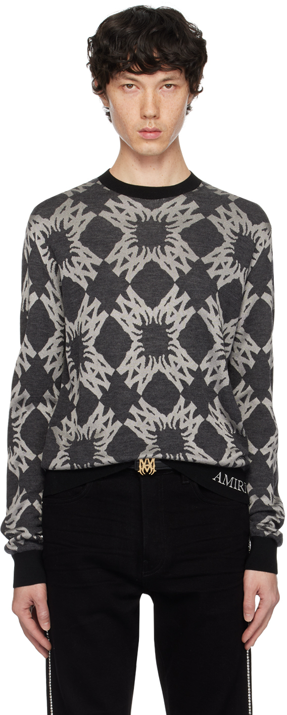 Amiri Crew Neck Wool Blend Sweater With Graphic Pattern In Dark Grey